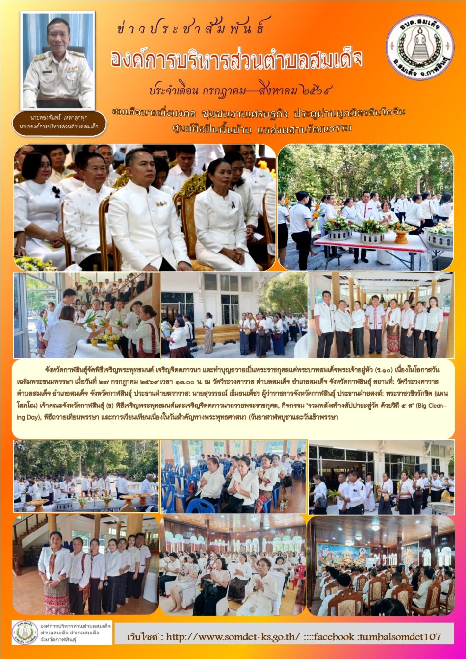 จังหวัดกาฬสินธุ์จัดพิธีเจริญพระพุทธมนต์ เจริญจิตตภาวนา และทำบุญถวายเป็นพระราชกุศลแด่พระบาทสมเด็จพระเจ้าอยู่หัว (ร.10) เนื่องในโอกาสวันเฉลิมพระชนมพรรษา เมื่อวันที่ 27 กรกฎาคม 2569 เวลา 13.00 น. ณ วัดวีระวงศาวาส ตำบลสมเด็จ อำเภอสมเด็จ จังหวัดกาฬสินธุ์  สถานที่: วัดวีระวงศาวาส ตำบลสมเด็จ อำเภอสมเด็จ จังหวัดกาฬสินธุ์ ประธานฝ่ายฆราวาส: นายสุวรรธณ์ เข็มธนเพ็ชร ผู้ว่าราชการจังหวัดกาฬสินธุ์ ประธานฝ่ายสงฆ์: พระราชวชิรรักขิต (แผน โสภโณ) เจ้าคณะจังหวัดกาฬสินธุ์ (ธ)  พิธีเจริญพระพุทธมนต์และเจริญจิตตภาวนาถวายพระราชกุศล, กิจกรรม "รวมพลังสร้างสัปปายะสู่วัด ด้วยวิถี 5 ส" (Big Cleaning Day), พิธีถวายเทียนพรรษา และการเวียนเทียนเนื่องในวันสำคัญทางพระพุทธศาสนา (วันอาสาฬหบูชาและวันเข้าพรรษา